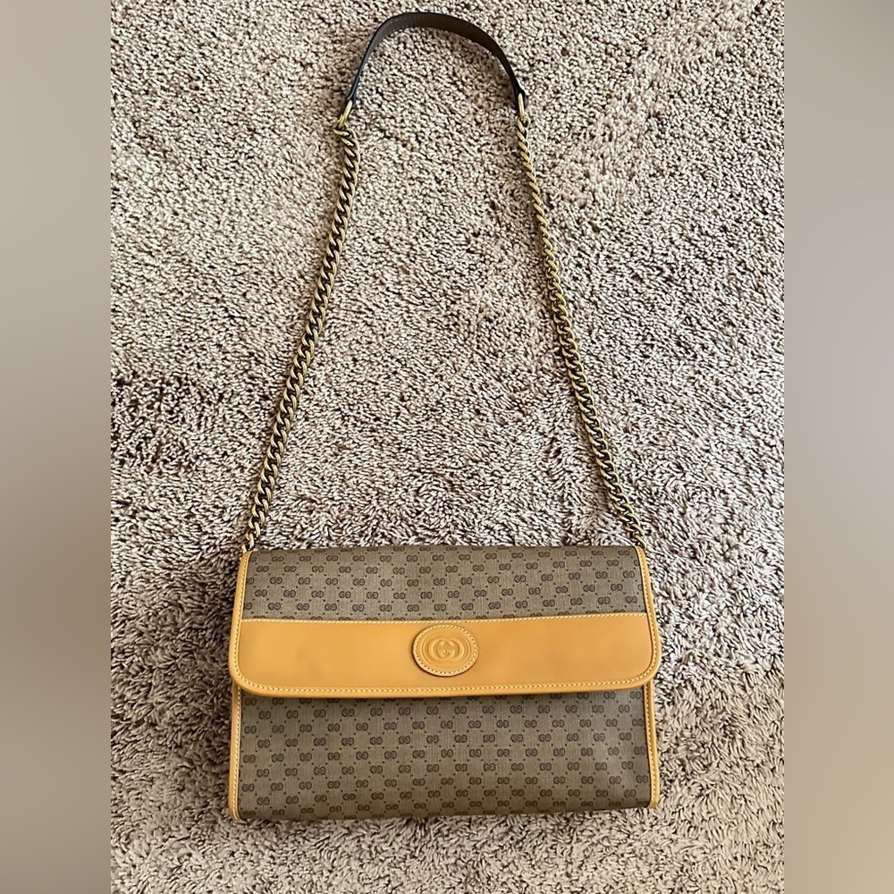 GUCCI Clutch Shoulder Bag Brown Tan Monogram GG Vintage EUC